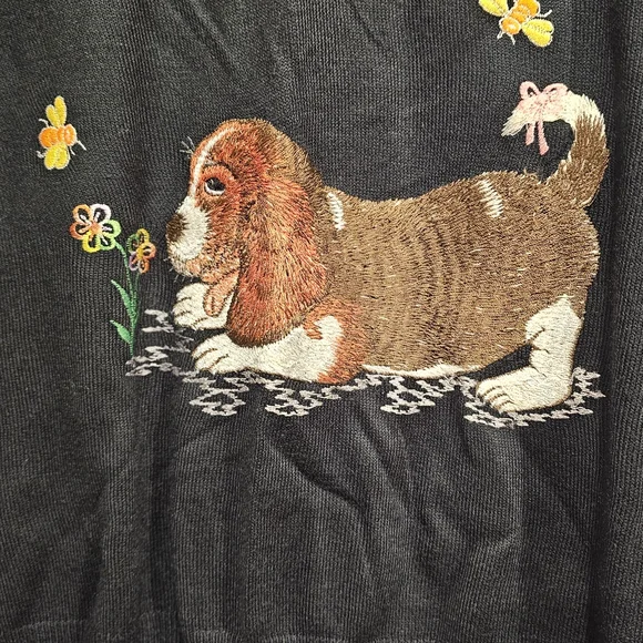 Black V-Neck Sweater with Embroidered Dog Design - Picture 2 of 11